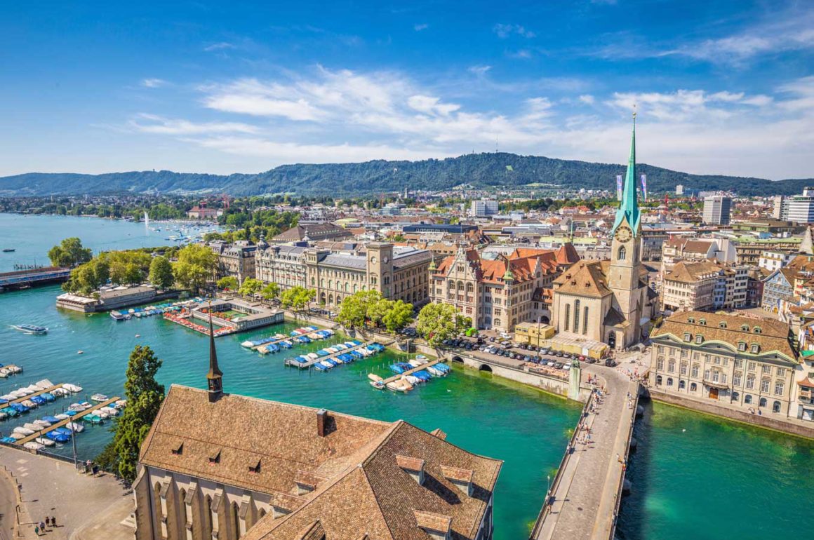 Switzerland with the lake and town surrounding it