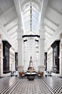 Tall ceilinged lounge area in the JW Marriott Emerald Bay hotel on Phu Quoc island