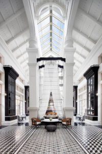 Tall ceilinged lounge area in the JW Marriott Emerald Bay hotel on Phu Quoc island