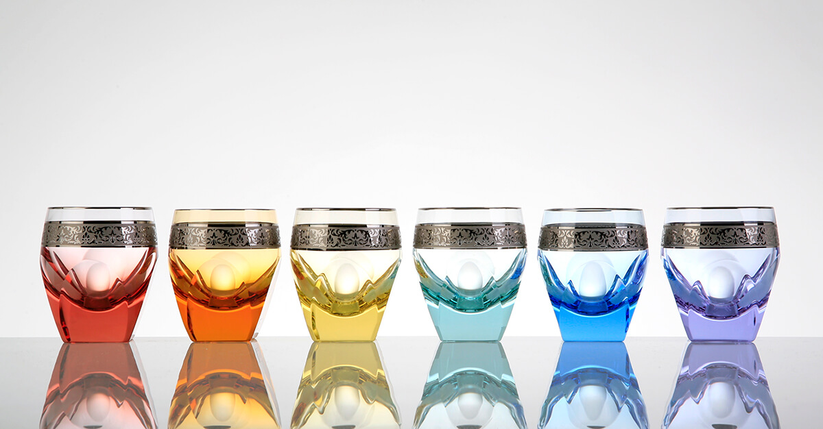 Colourful hand blown, cut glasses