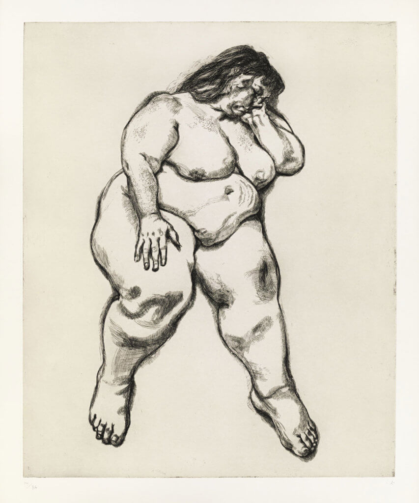 Lucian Freud etching of large woman sleeping