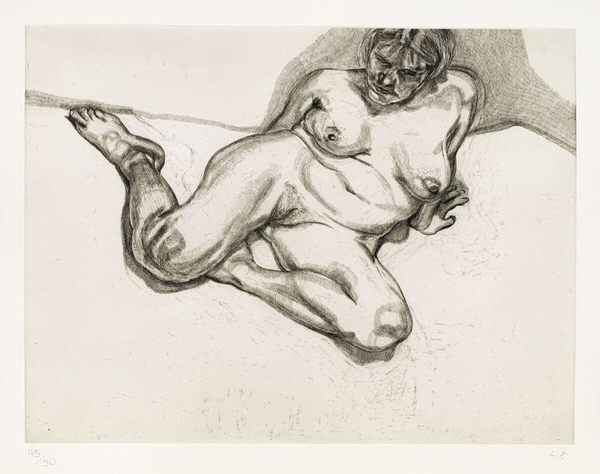 Lucian Freud etching of naked woman reclining on a bed