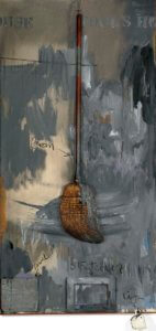Collage of grey paint and broom by American artist Jasper Johns: Fool's House