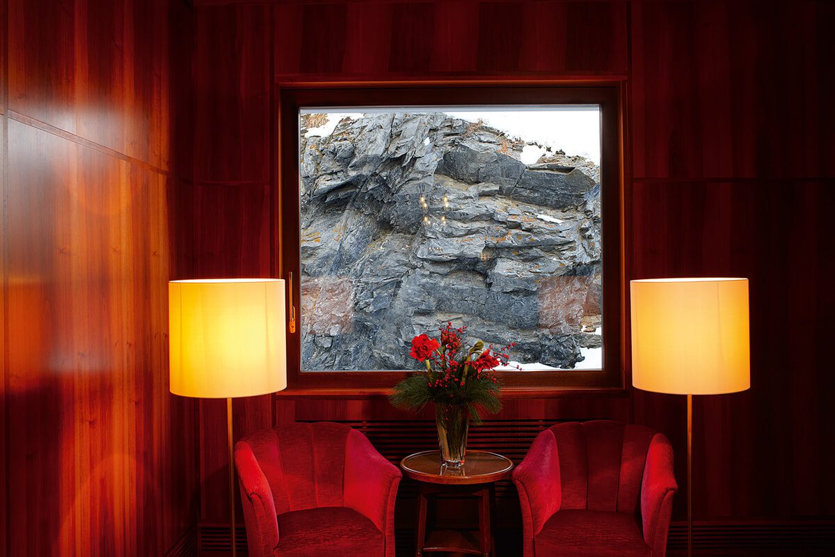 Perfectly framed view from a window in one of the reading rooms at the Waldhaus Sils hotel, Switzerland