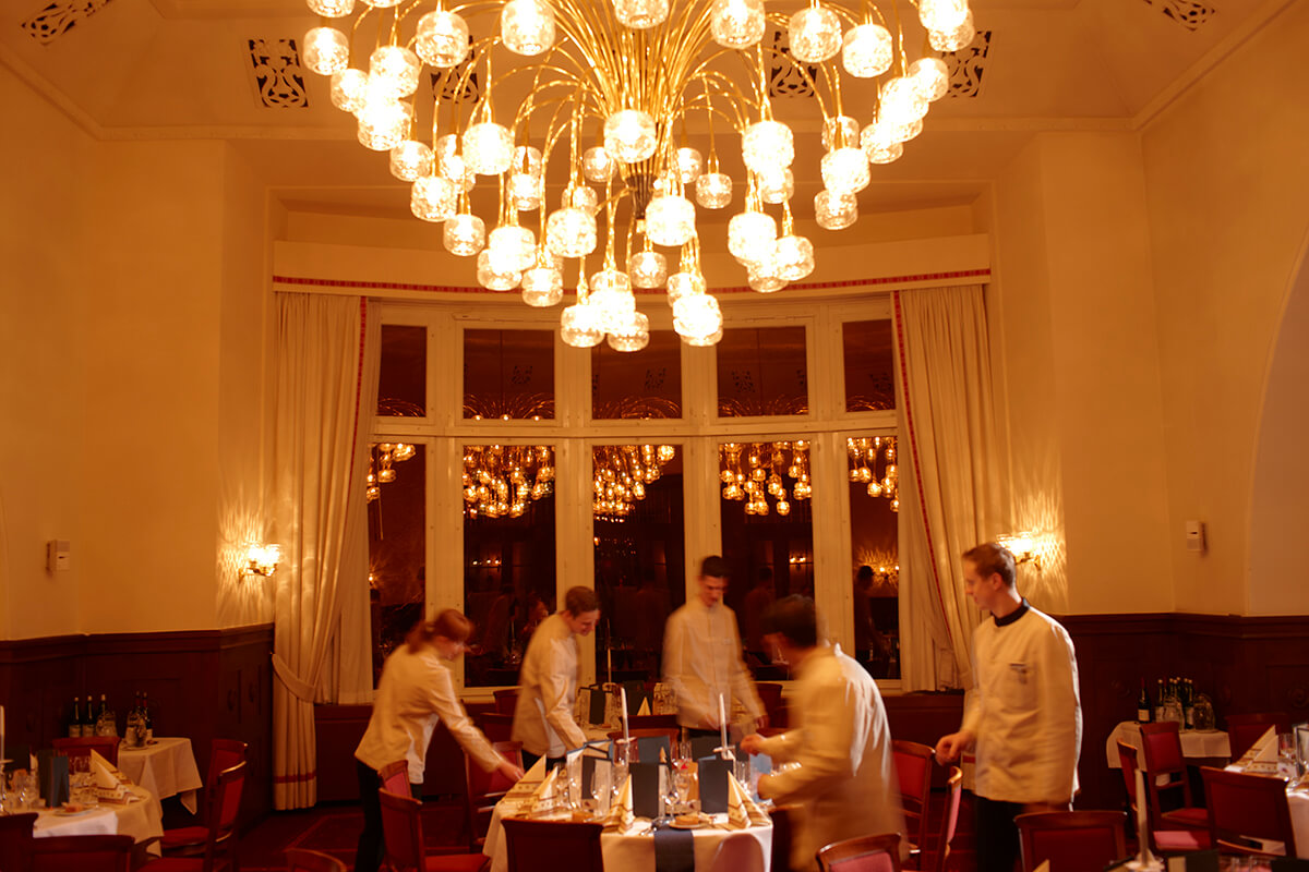 Dinner at the Waldhaus Sils hotel restaurant in Switzerland