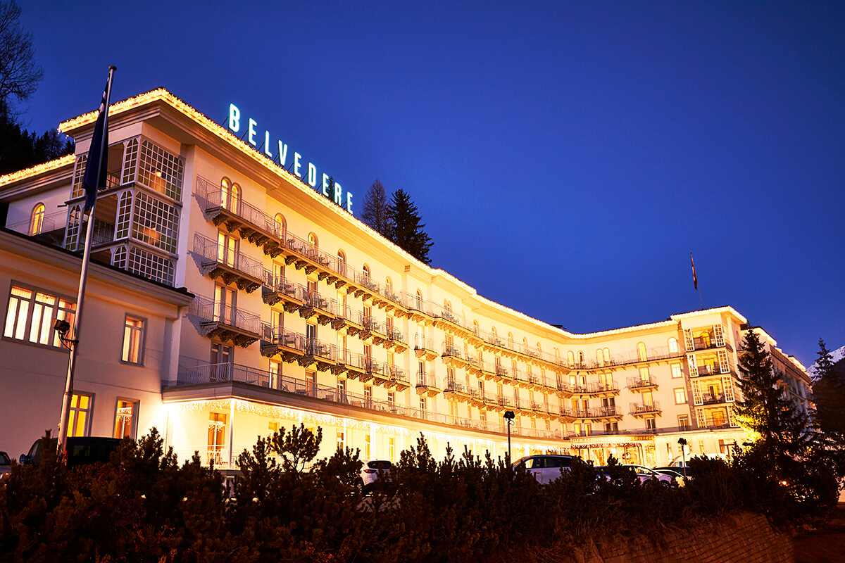 Outside view of the Belvedere hotel in switzerland, the best luxury hotel in Davos