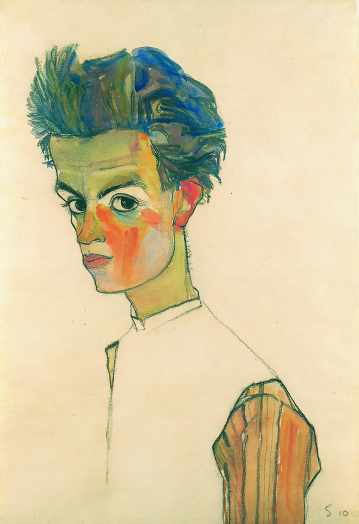 Self portrait painting of Egon Schiele in striped shirt by Austrian artist Egon Schiele