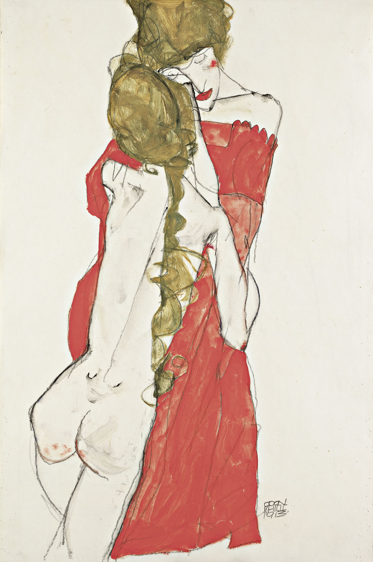 Painting of naked woman hugging a woman in a red dress by Egon Schiele