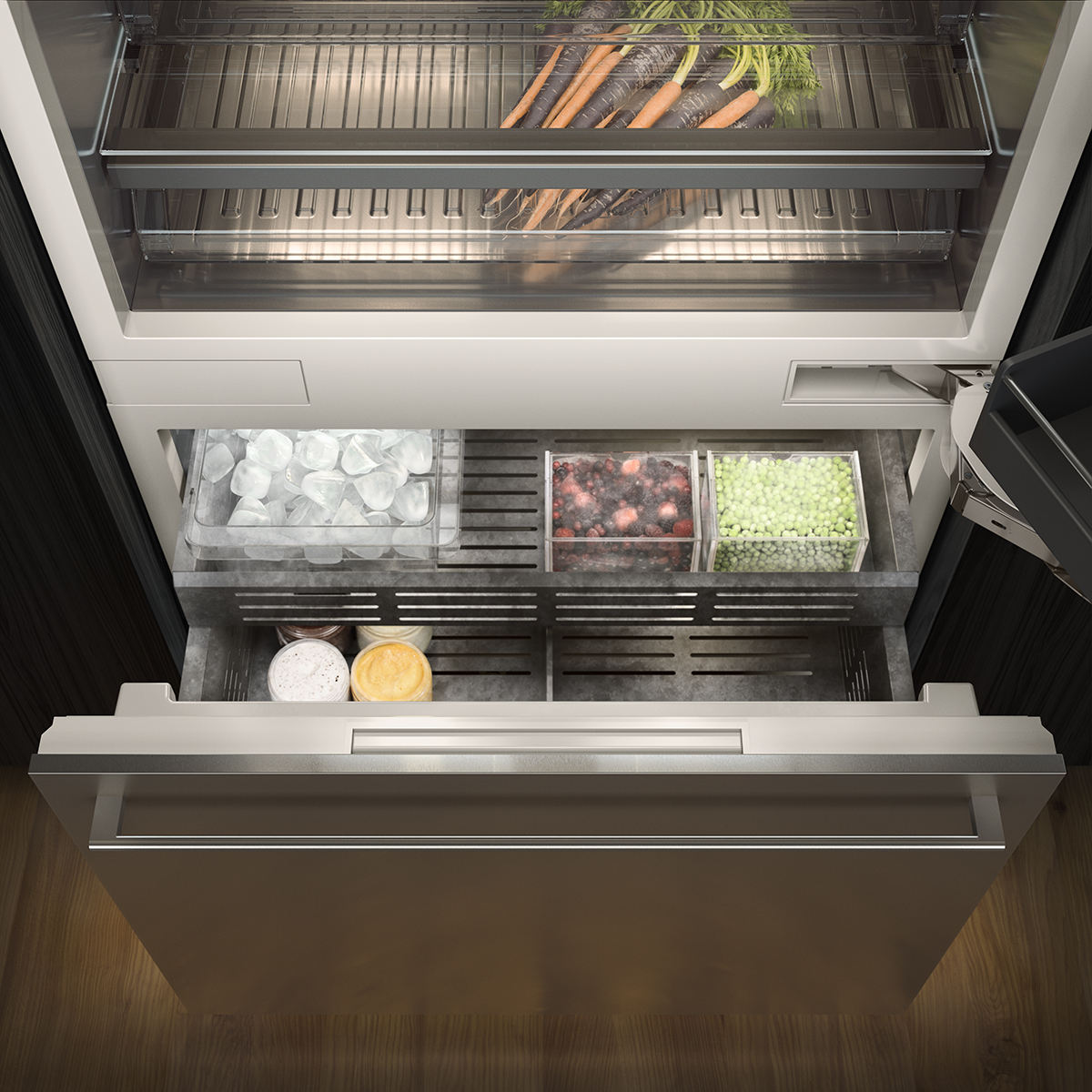 Modern refrigerator with bottom drawer open