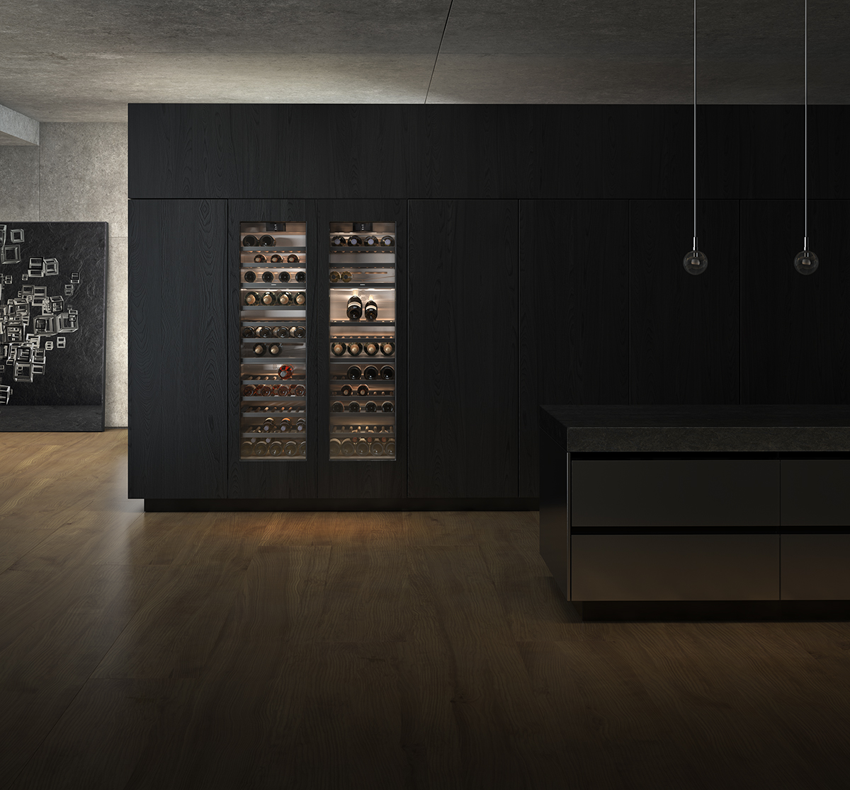 contemporary interior with wine cooling cabinet