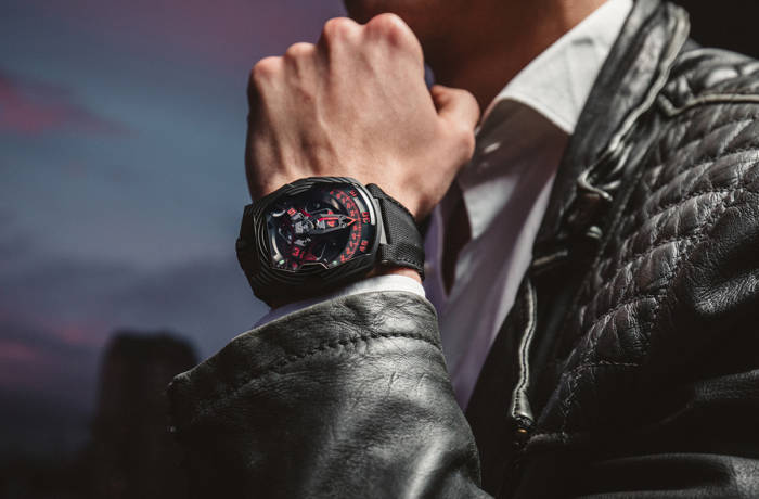 Luxury men's watch with black and red dial