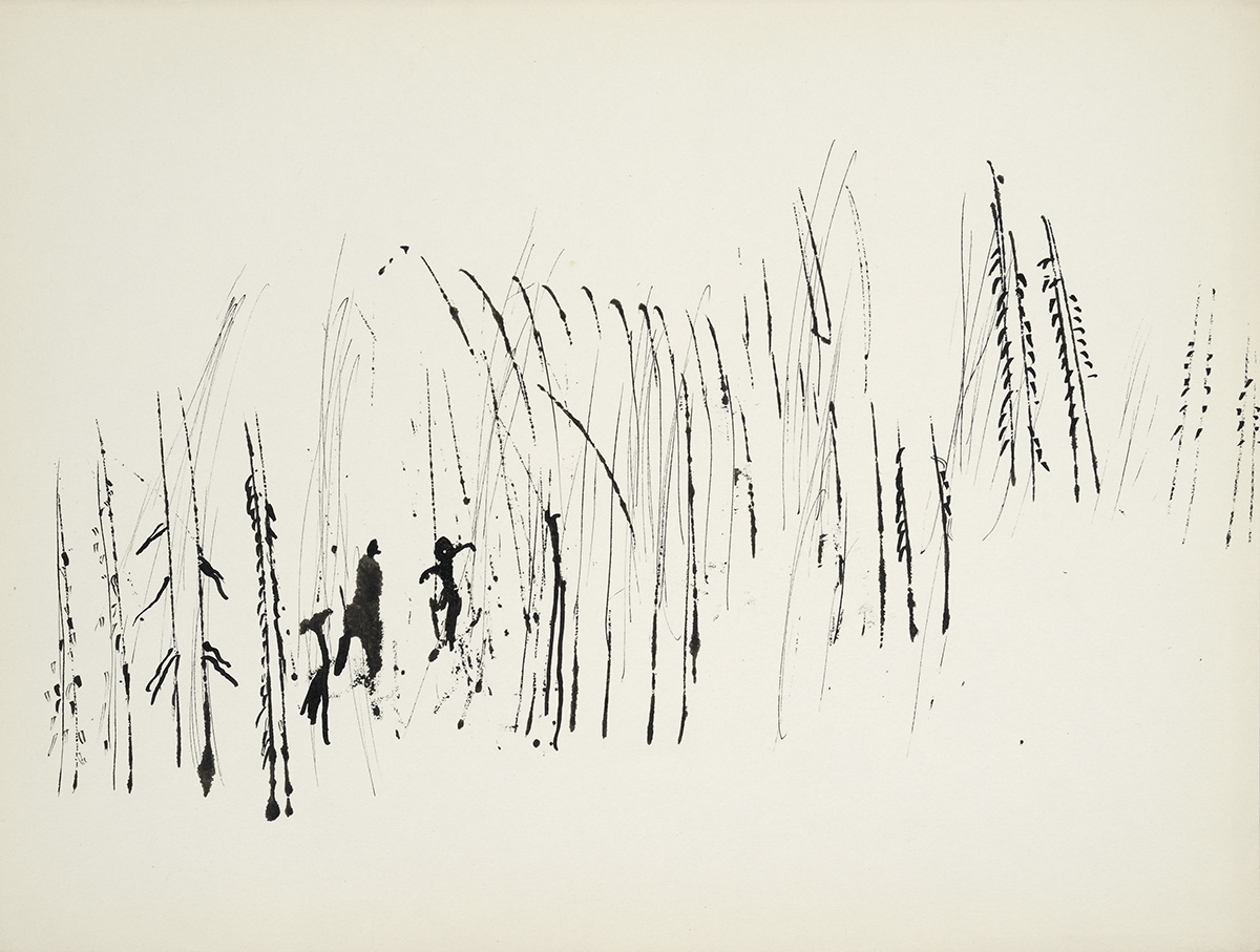 sketchy black ink painting of figures in trees by Henri Michaux
