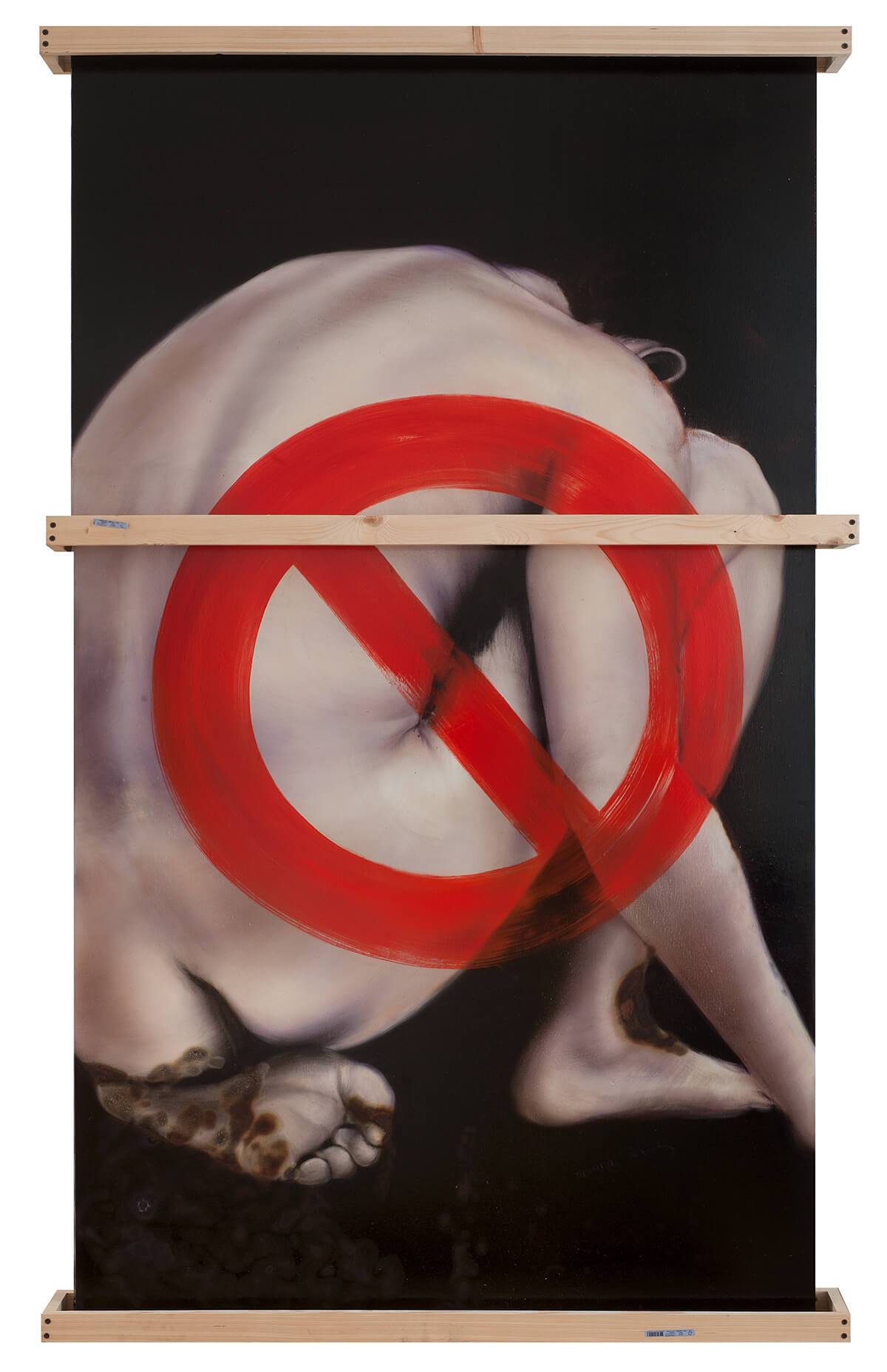 painting of naked woman's back hunched over with red no entry sign painted over the top