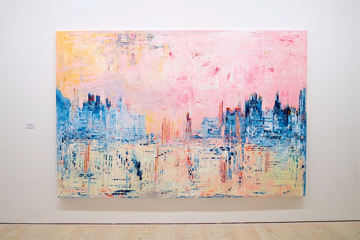 large scale mixed media painting of abstract cityscape