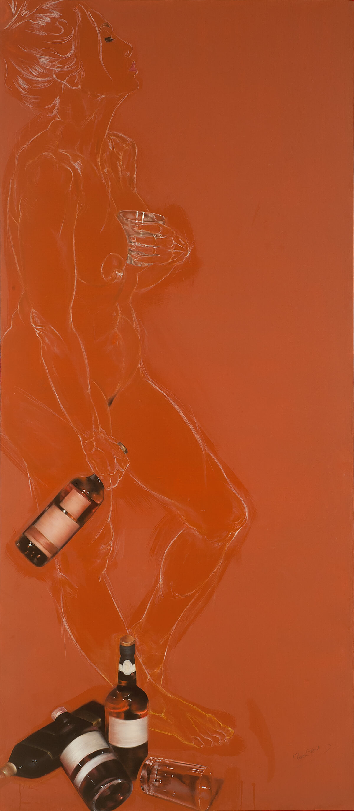 Silhouette of woman holding bottles against an orange background by artist Mouna Rebeiz
