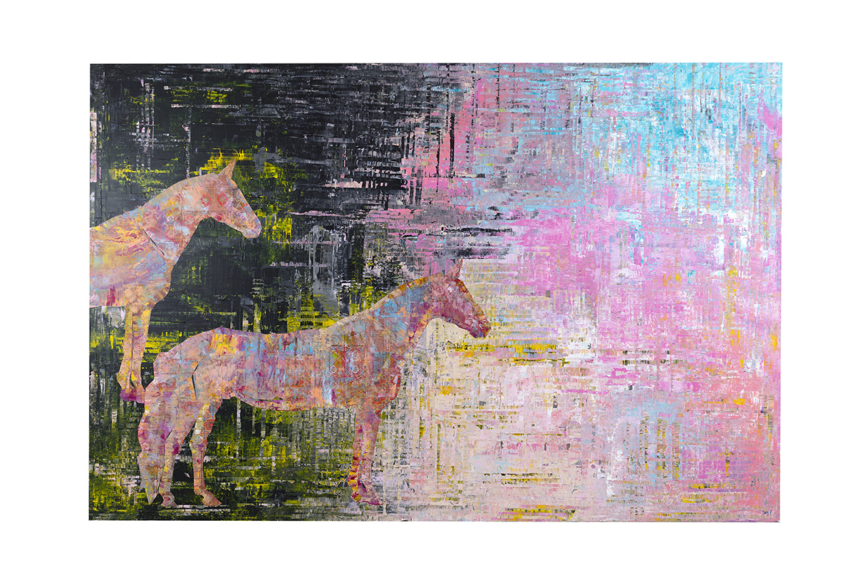 large abstract painting with floating horses on the left hand side