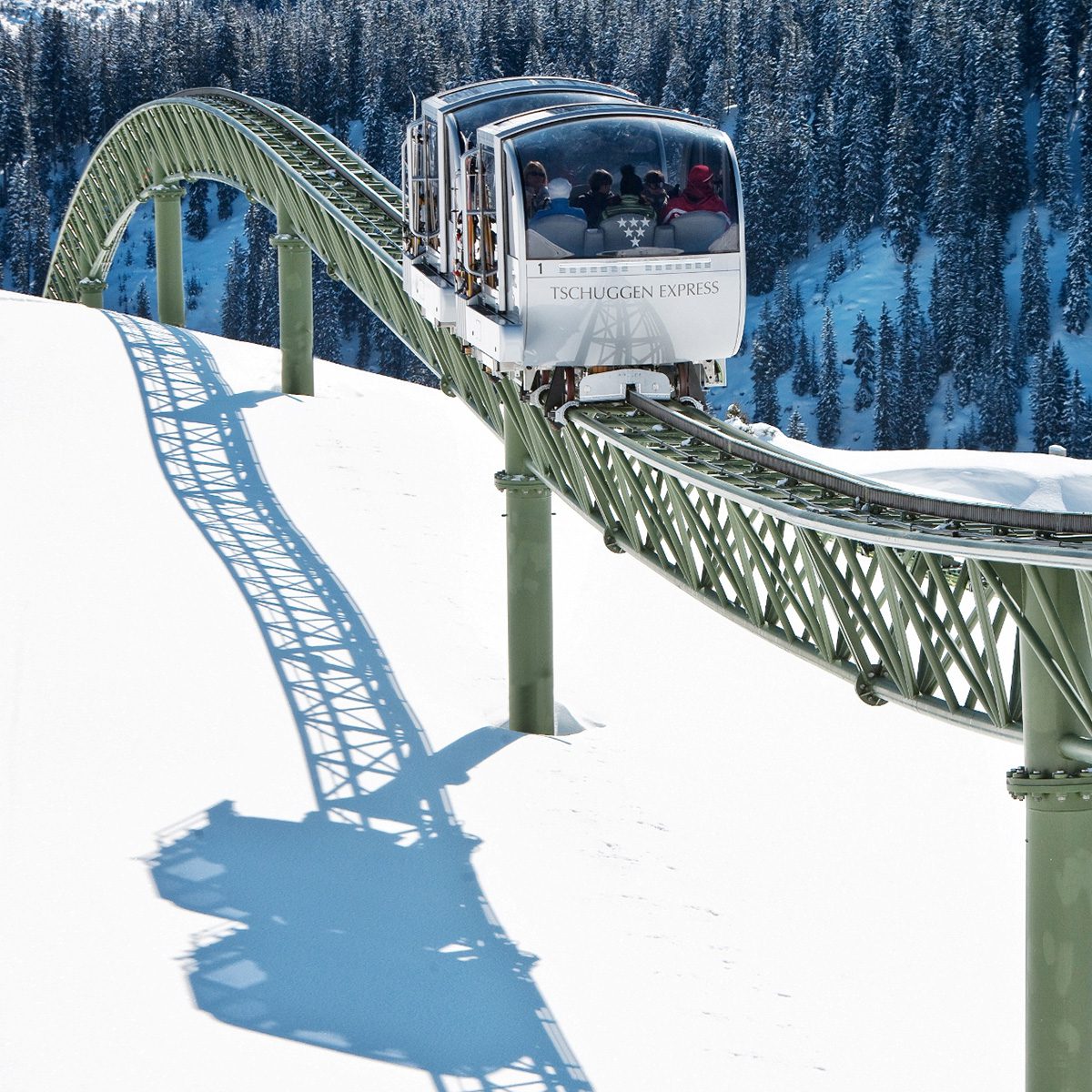 The Tschuggen Express private hotel gondola lift to the ski slopes
