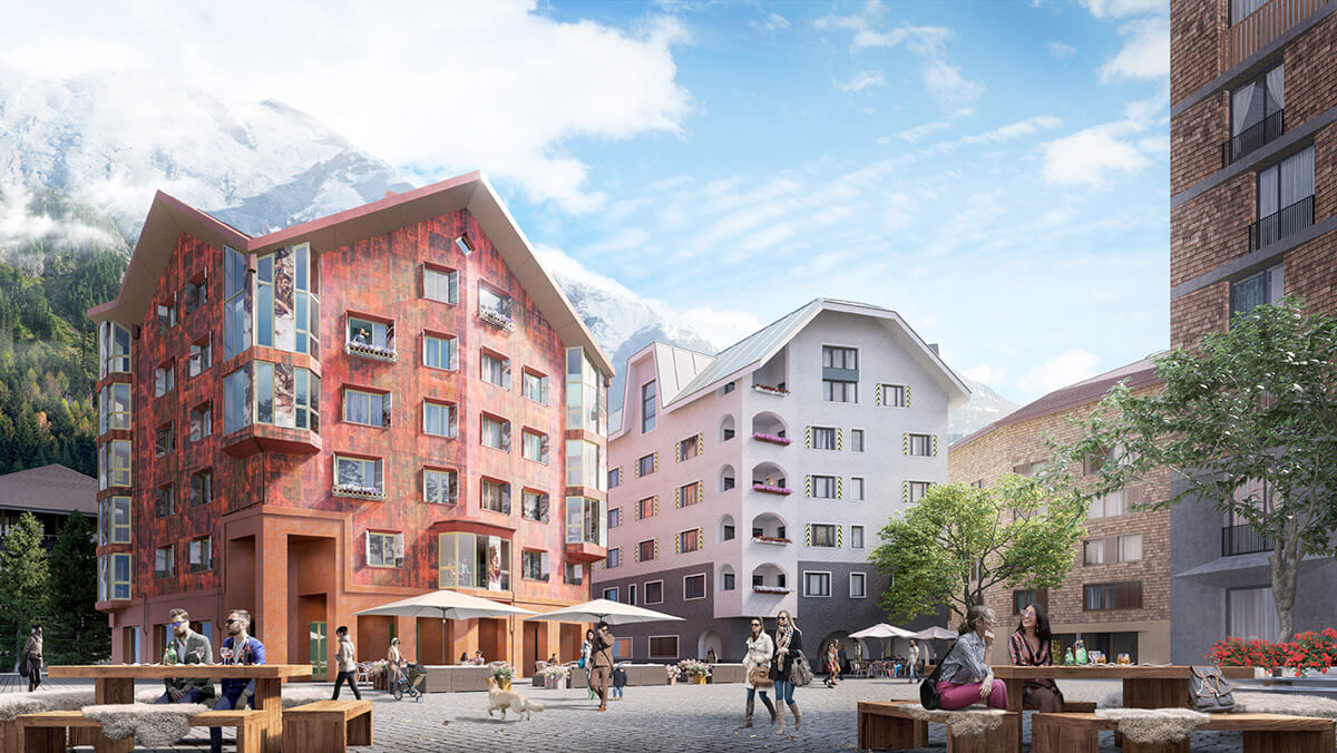 Architectural render of pastel coloured swiss style chalet in alpine village during the summer 