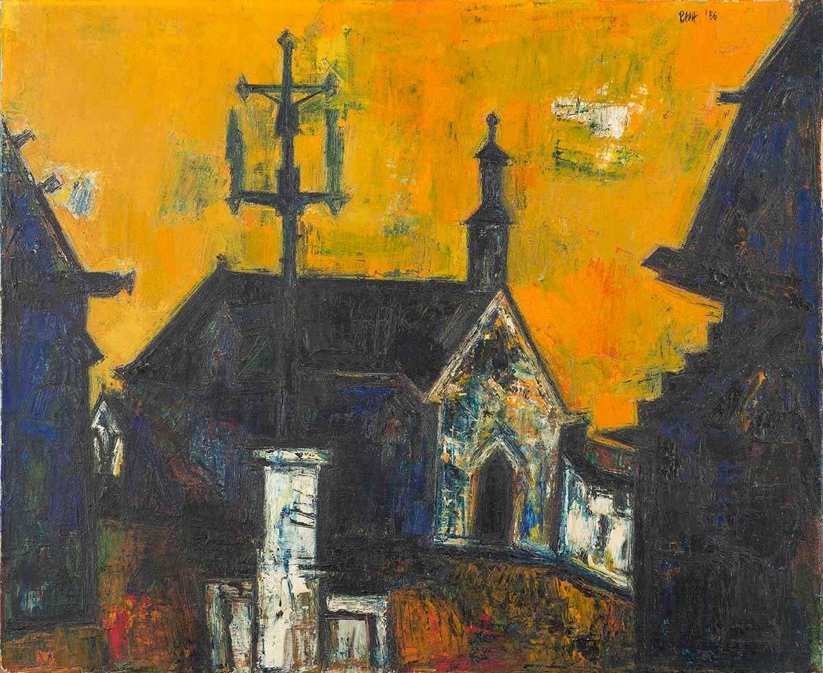abstract painting of a church against a yellow sky by S.H Raza