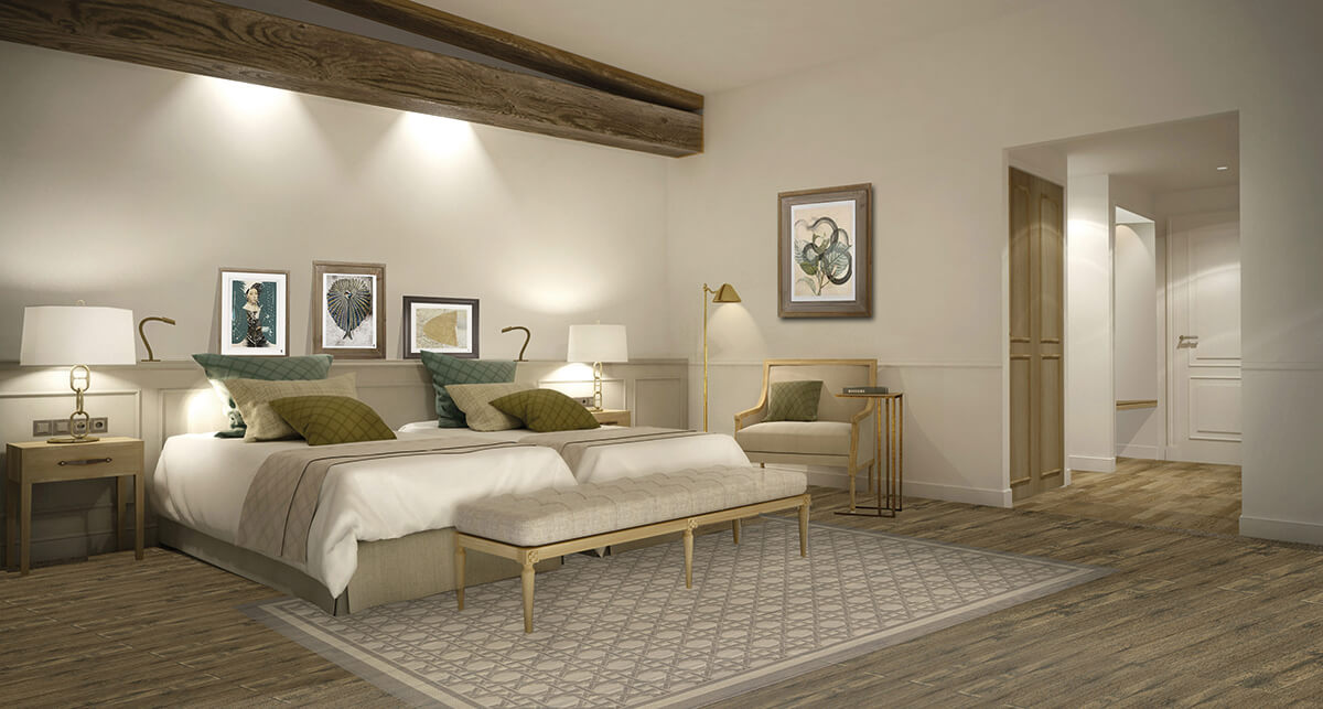 Architectural render of luxury hotel bedroom with cream walls and large double bed