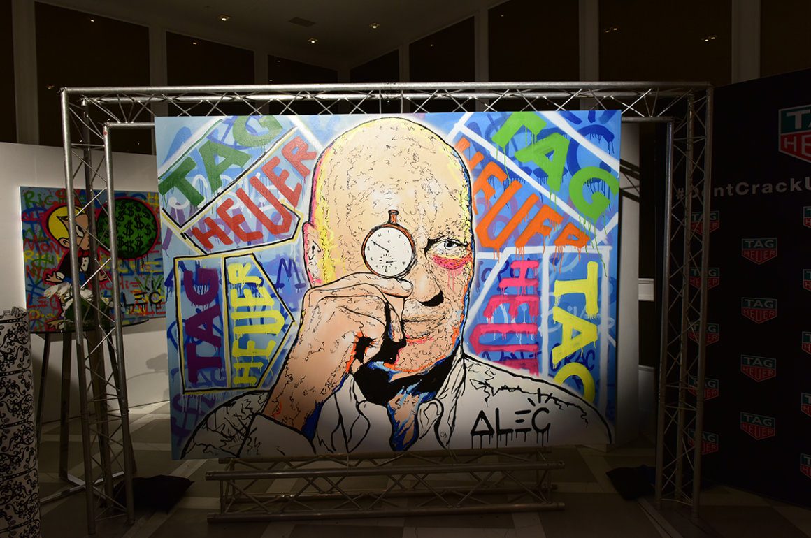 Street art painting by Los Angeles based artist Alec Monopoly depicting TAG Heuer's CEO Jean-Claude Biver
