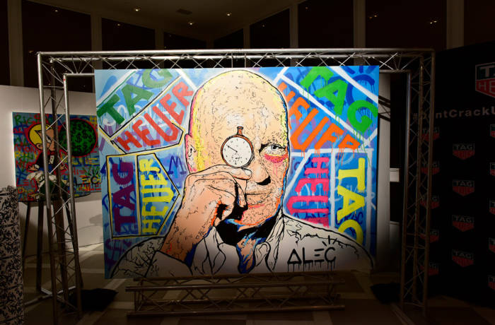 Street art painting by Los Angeles based artist Alec Monopoly depicting TAG Heuer's CEO Jean-Claude Biver