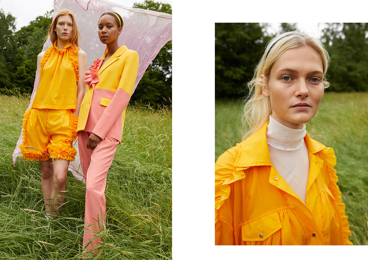 Two images of models posing in bright yellow and pale pink clothing standing on grass
