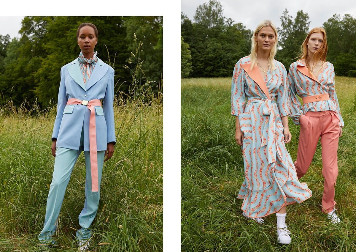 Two images of models wearing pastel coloured clothing and walking through fields