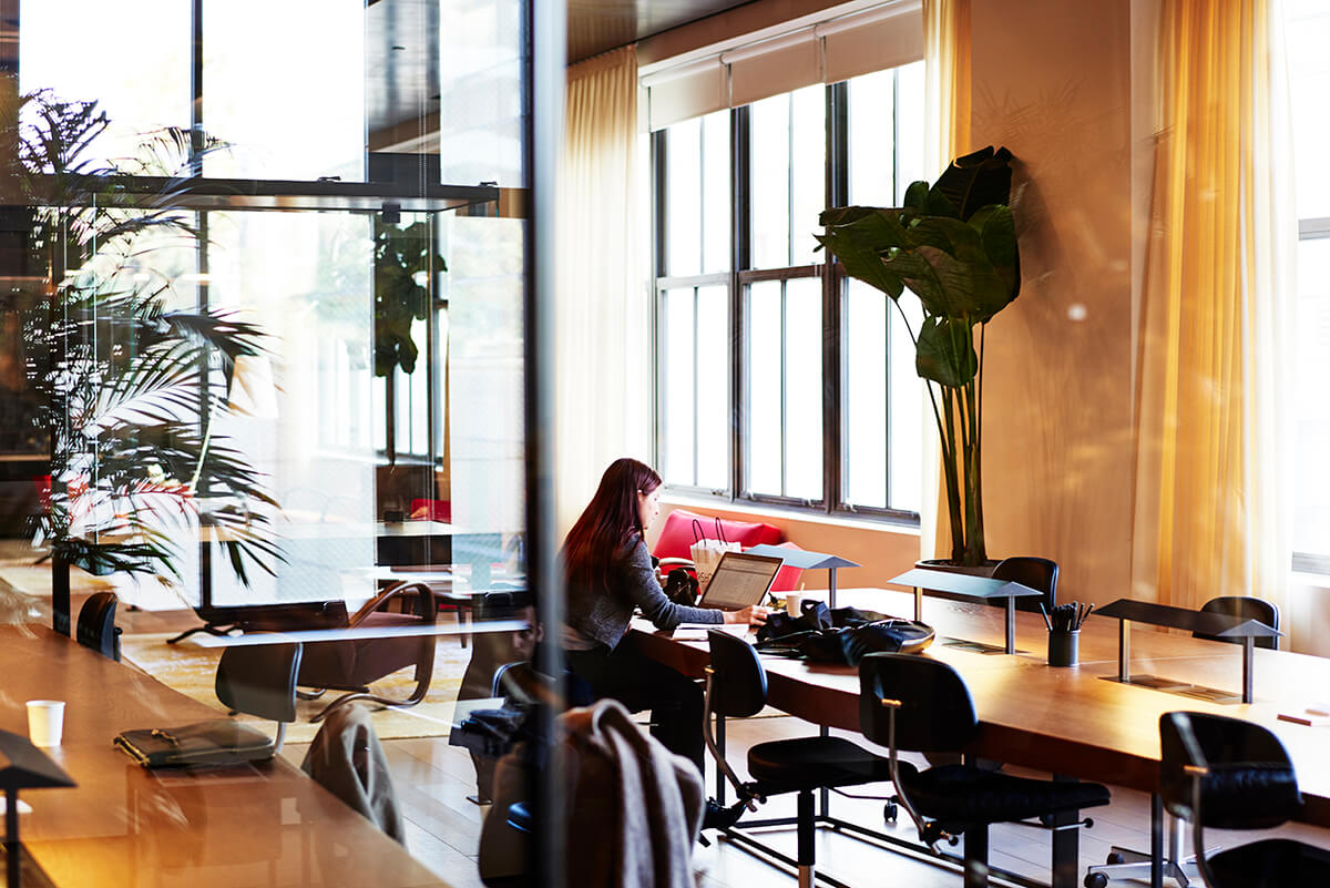 Contemporary co working space with shared tables and woman working on laptop