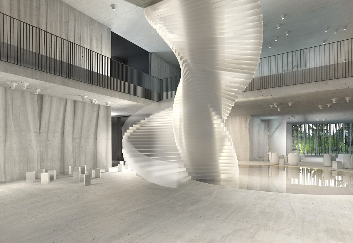 Architectural render of white spiral staircase in an open gallery space 