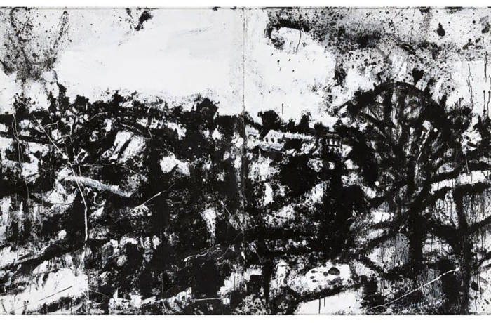 Abstract black and white landscape painting by British artist John Virtue