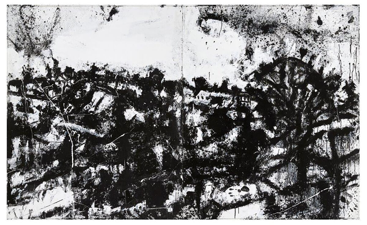 Abstract black and white landscape painting by British artist John Virtue