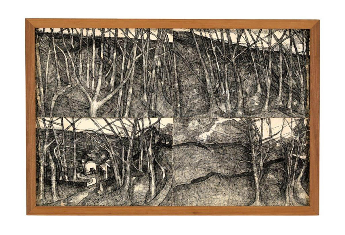 Ink painting of wood landscape by British artist John Virtue
