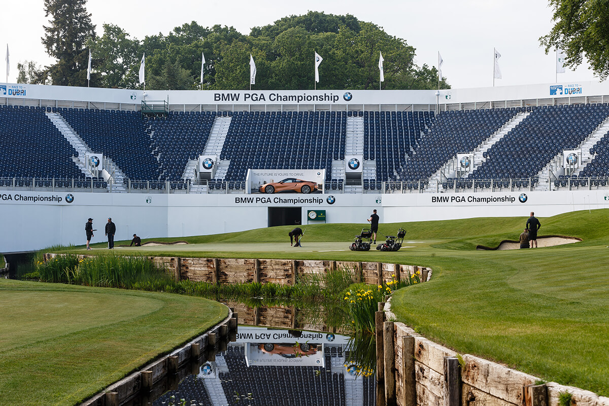 Auditorium with a BMW sports car parked at the front in preparation for the BMW PGA golf Championship at the Wentworth Club
