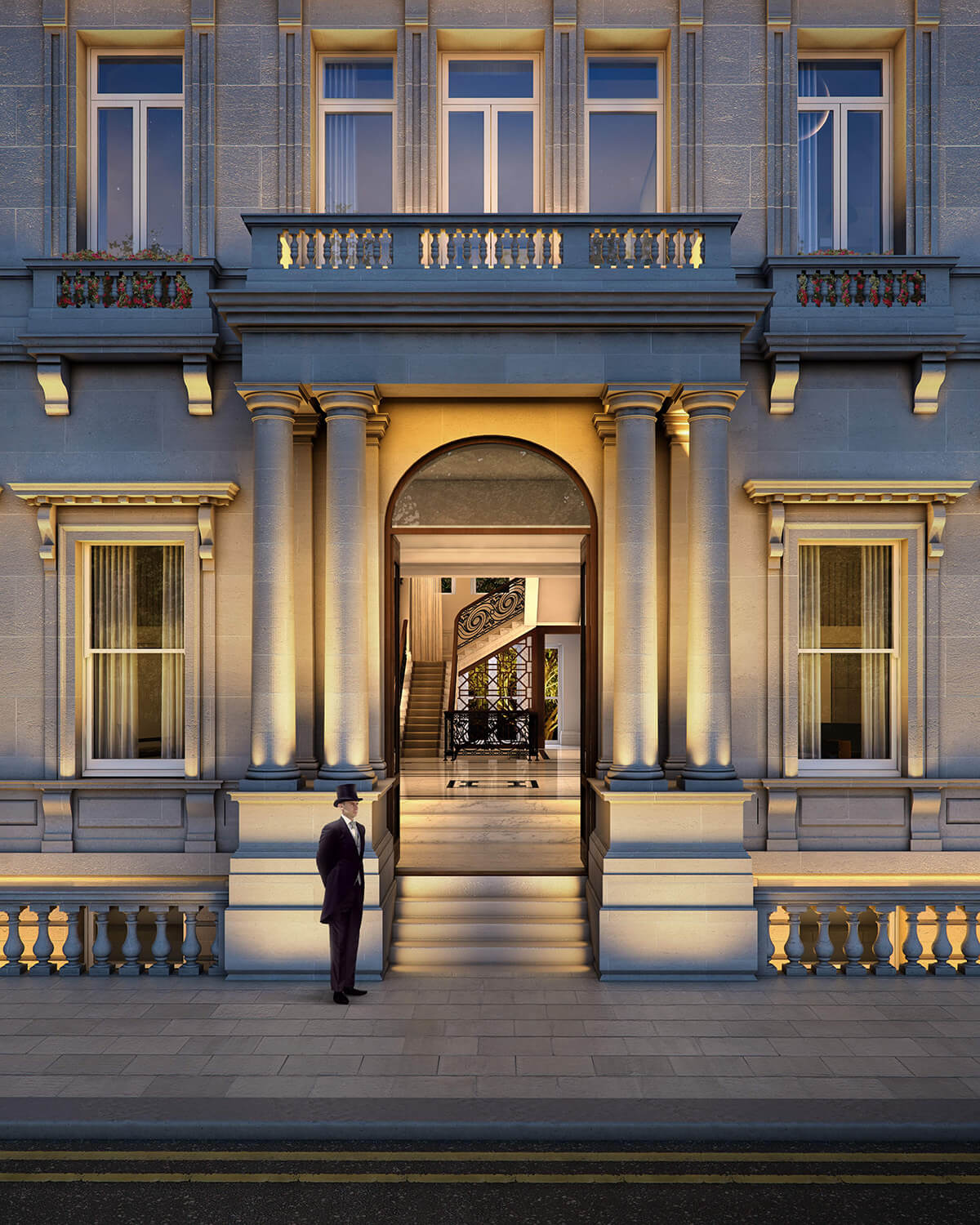 Grand entrance way with footman, pillars and arch with stairs leading into luxury devleopment