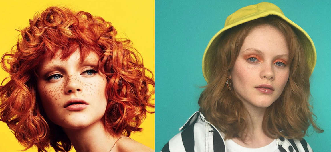Two images of red haired model on yellow and turquoise backgrounds