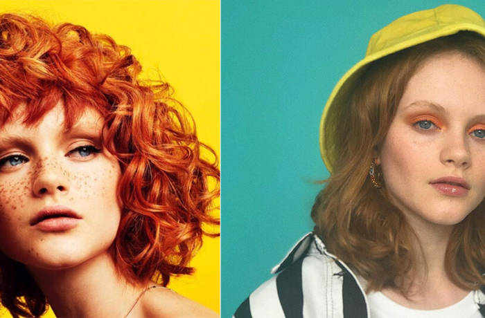 Two images of red haired model on yellow and turquoise backgrounds