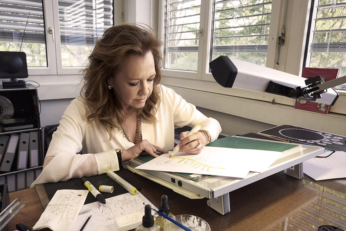 Chopard's co-president Caroline Scheufele sketching in a workshop