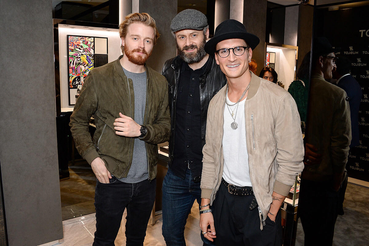 Adam Mcnamara, Jack Lowden and Oliver Proudlock pose for a party picture