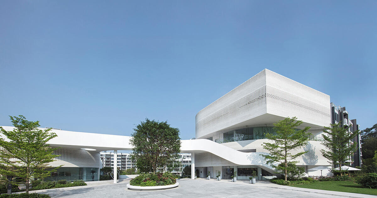 Architectural render of a white building with sloping walkway and building