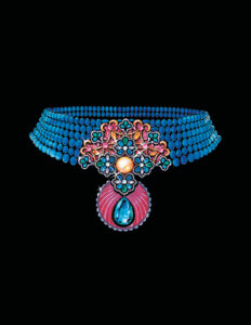 render of a bright blue choker style necklace with an elaborate colourful pendant