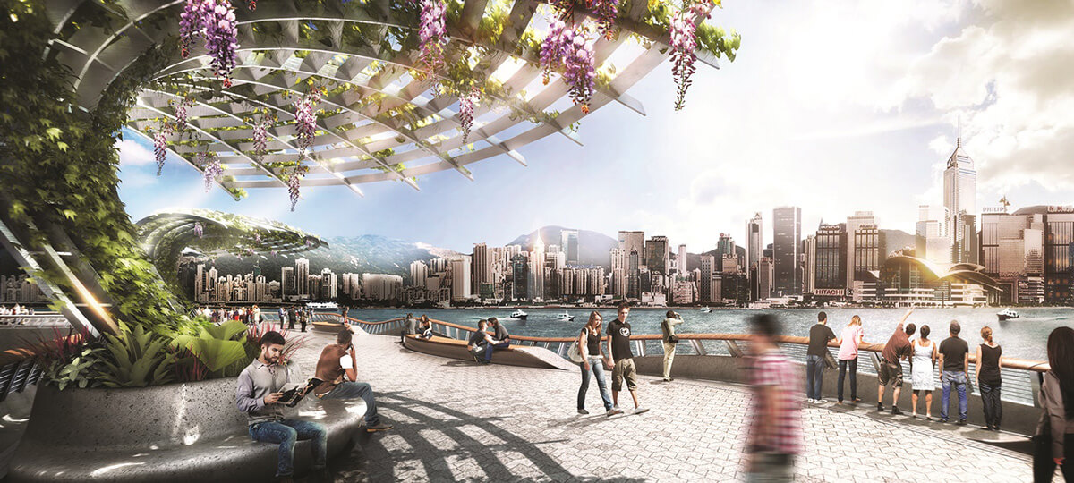 Architectural render of a waterfront promenade with shaded seating areas and buildings in the background