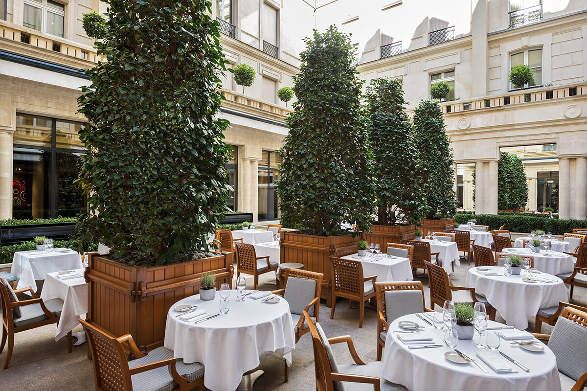 Luxury outdoor restaurant with round tables and potted trees