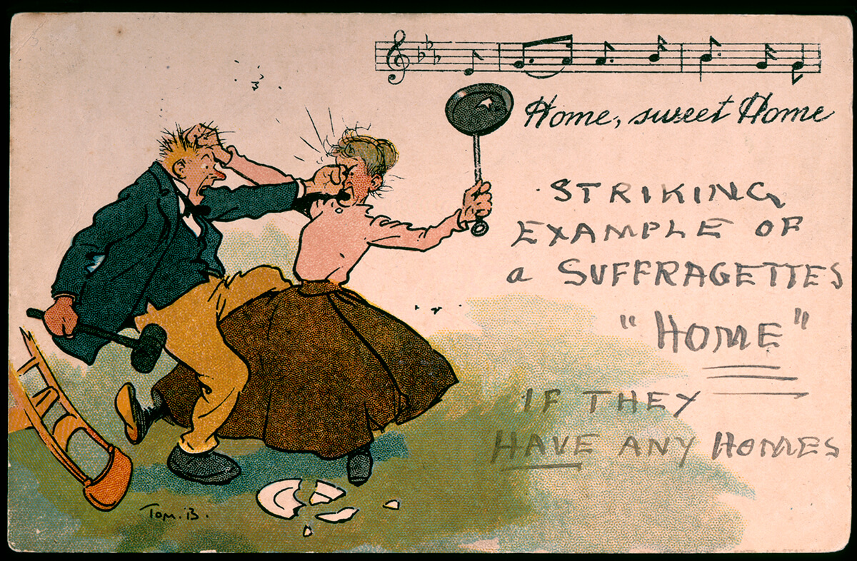 Suffragette postcard depicting a man and woman fighting in a garden with the woman holding a frying pan as a weapon annotated with an anti-suffrage message 