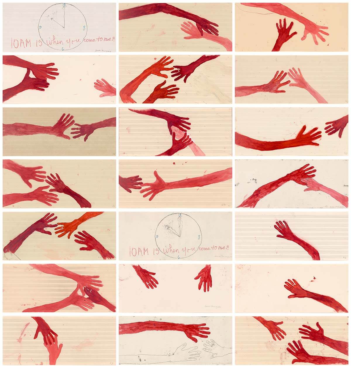 Painting of red hands reaching with the words ‘10am is when you come to me’ by Louise Bourgeois