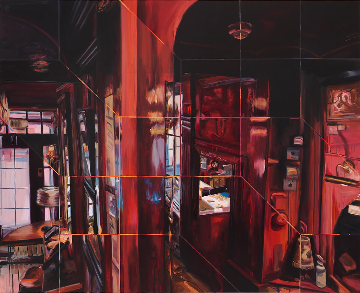 Vivid painting of a red room by Anna Freeman Bentley