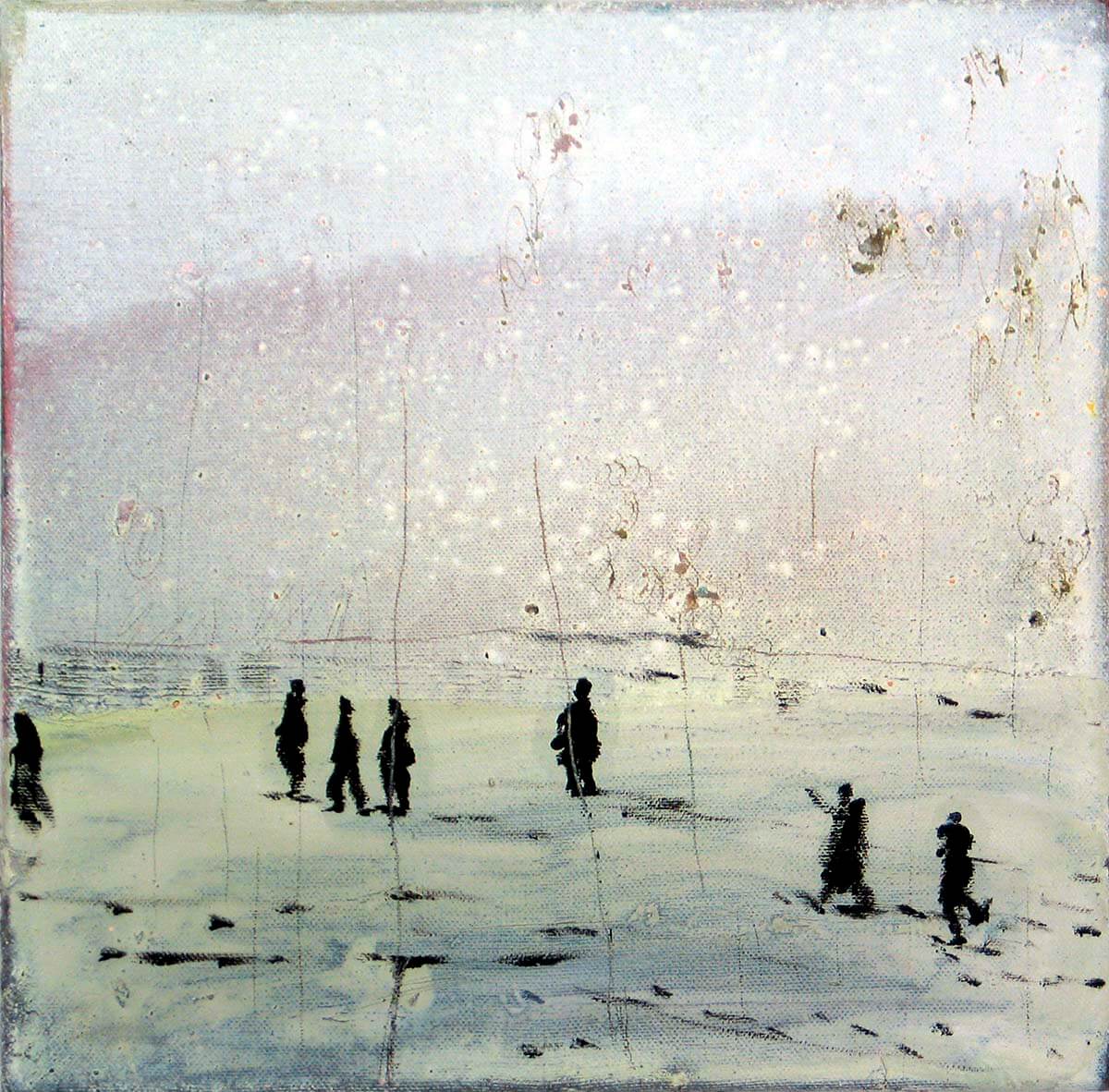 A washed out landscape painting with small black figures of people walking by artist Elizabeth Magill