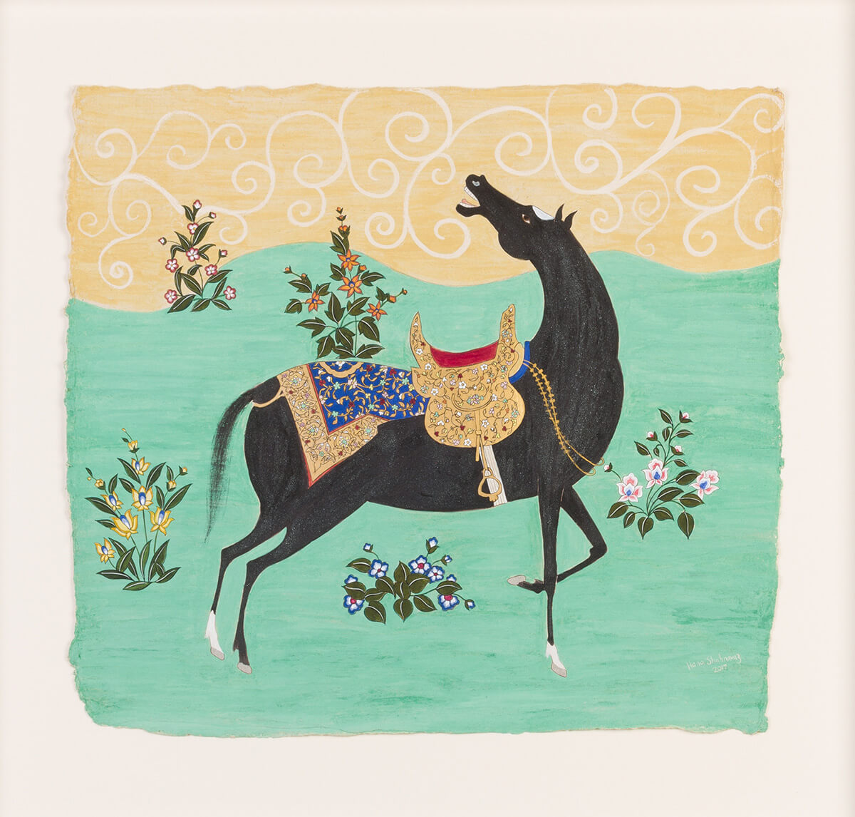 Fabric painting of a black horse dressed in an elaborate saddle with a green background and sand coloured sky
