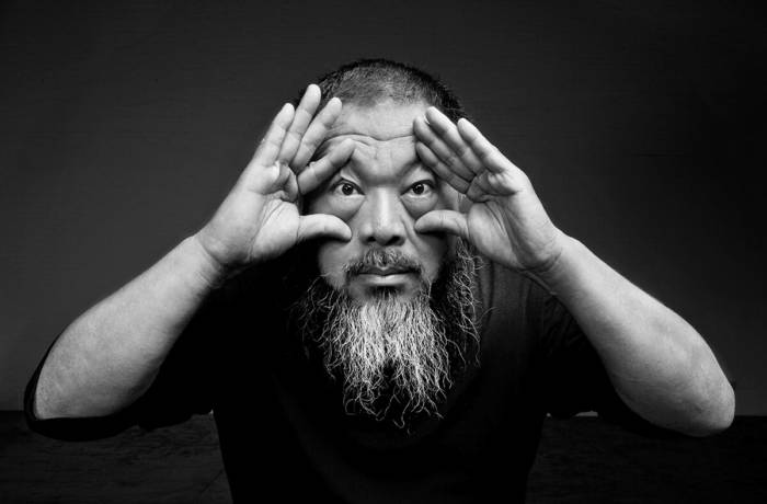Black and white portrait of Ai Weiwei