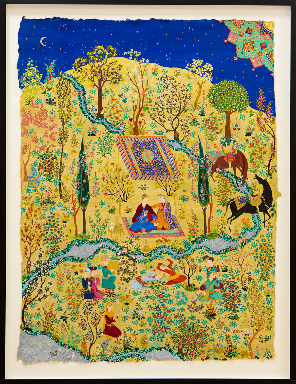 Intricate gold painting of a magical garden with carpets and horses and a river